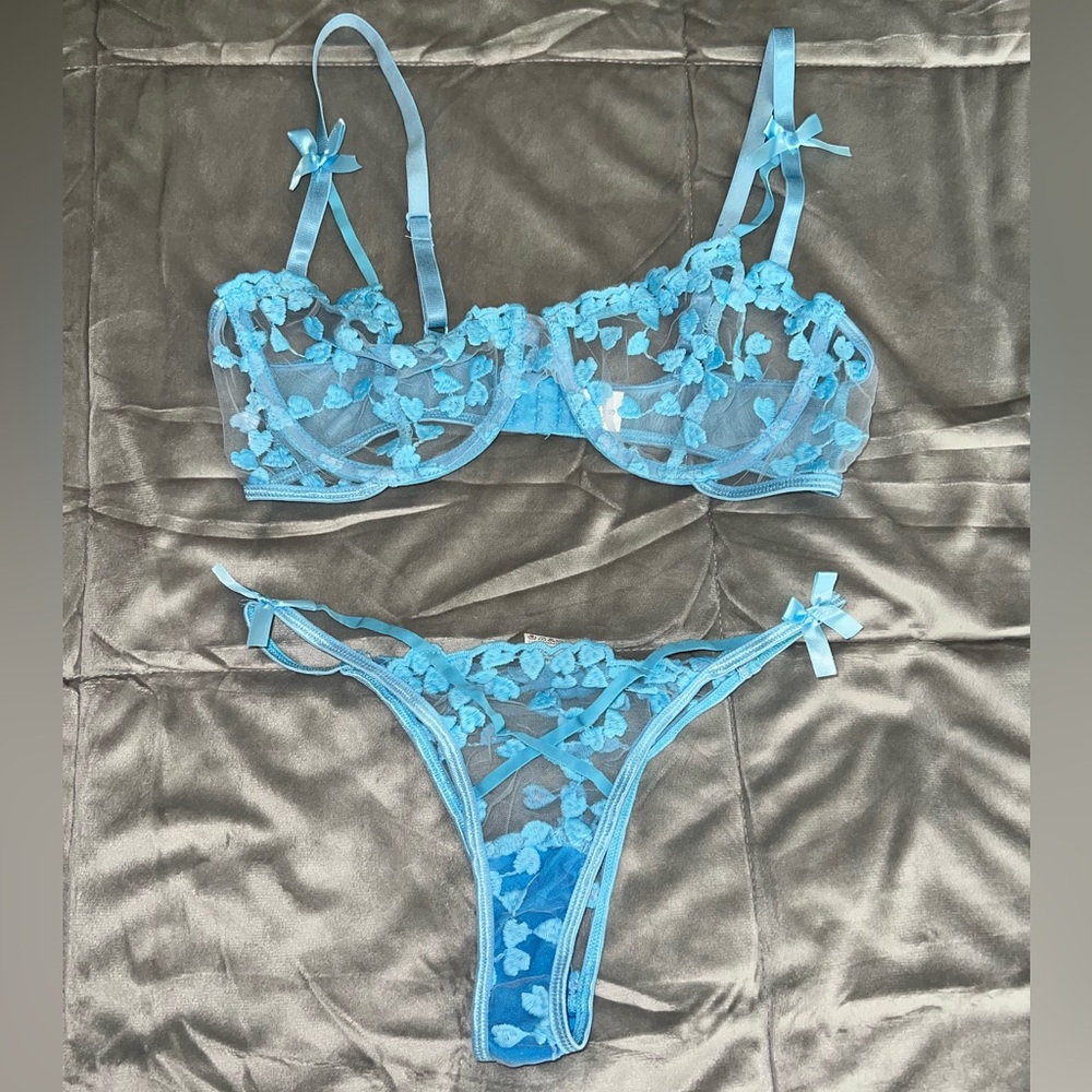 Shein Blue Heart Embroidery Mesh Bow Detail Sheer Bra & Panty Lingerie Set Small
